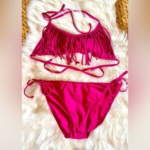 Pink Fuschia Bikini Top & tie-side bottoms!  Size Large, EUC!  Full bottom BEADS
